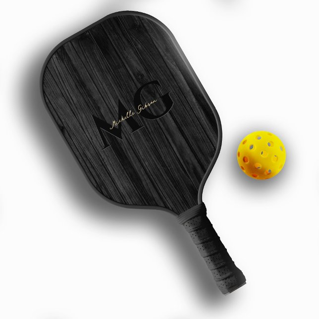 Raquette De Pickleball Initiales du Monogramme d'or en bois noir moderne (Modern Black Wood Gold Monogram Initials Pickleball Paddle)