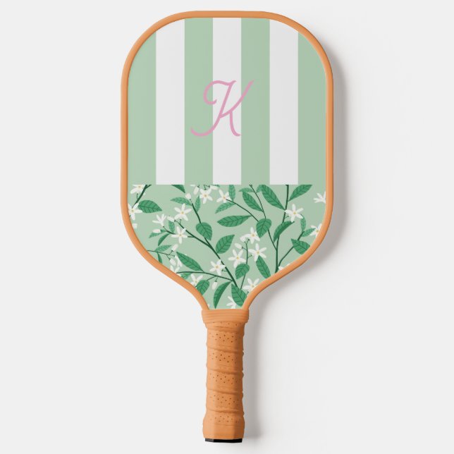 Raquette De Pickleball Initiales Florales Monogrammes Vert & Rose (Verso)