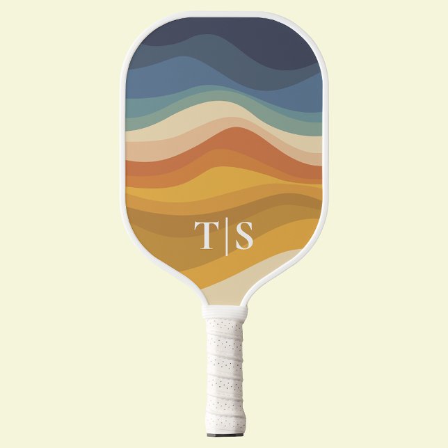 Raquette De Pickleball Initiales Monogramme de Coucher de Soleil Rétro On (Retro Wavy Sunset Monogram Initials Pickleball Paddle
)