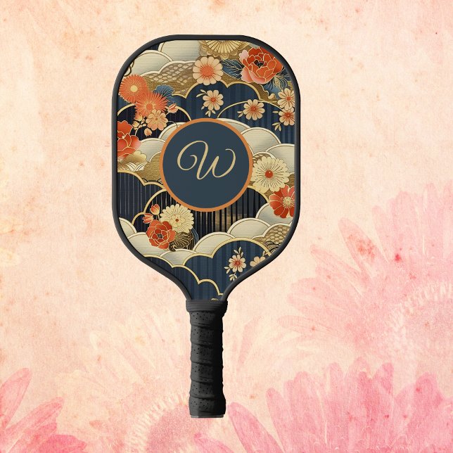 Raquette De Pickleball Japanese Style Retro Teal Floral n Clouds Initial (Créateur téléchargé)