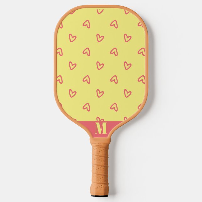 Raquette De Pickleball Jaune aux Coeurs Rose Monogramme moderne (Verso)