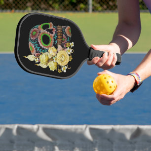 Raquette De Pickleball Jaune Floral Noir Crâne de sucre Jour des morts
