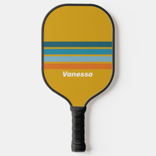 Raquette De Pickleball Jaune Rétro sur Fond Rayé avec Nom