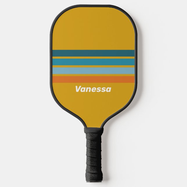 Raquette De Pickleball Jaune Rétro sur Fond Rayé avec Nom (Recto)