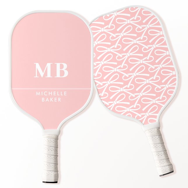 Raquette De Pickleball Joli Bow Personnalisé Monogramme Nom Rose (Créateur téléchargé)