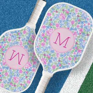 Raquette De Pickleball Joli floral personnalisé monogramme rose et bleu