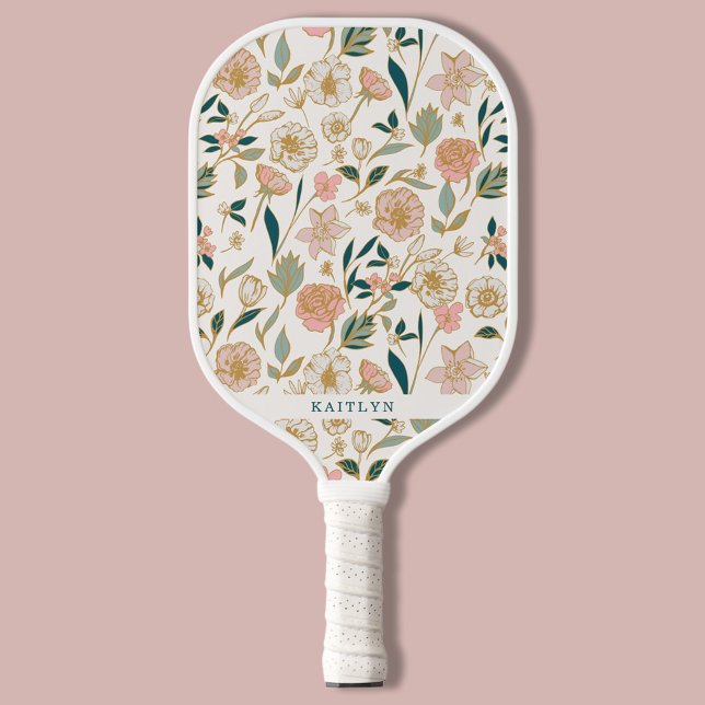 Raquette De Pickleball Joli modèle Floral Or | Nom personnalisé (Créateur téléchargé)