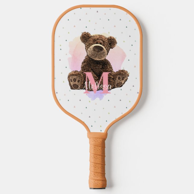 Raquette De Pickleball Joli Monogramme Aquarelle Nom Ours en Teddy Rose (Recto)