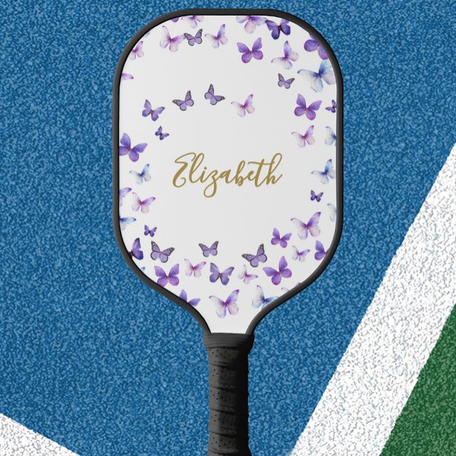 Raquette De Pickleball Joli papillons violets Nom personnalisé Dames (Créateur téléchargé)