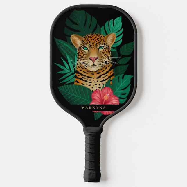 Raquette De Pickleball Jolie jungle léopard Art Floral | Noir | Nom (Verso)