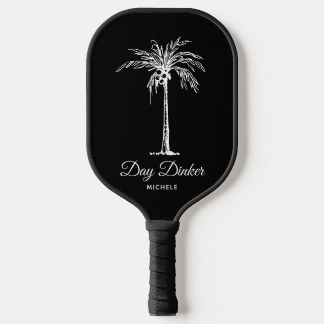 Raquette De Pickleball Jour Dinker Personnalisé Noir Blanc Palm Arbre Drô (Recto)