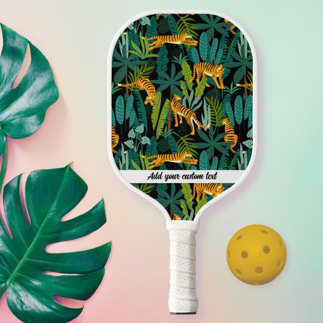 Raquette De Pickleball Jungle Tiger Palm Feuille Motif Nom du texte perso (Créateur téléchargé)
