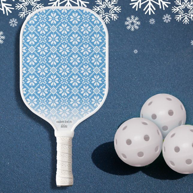Raquette De Pickleball Knit nordique Motif bleu blanc texte personnalisé (Créateur téléchargé)