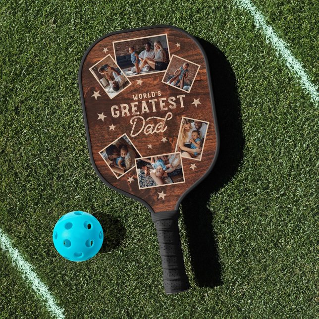 Raquette De Pickleball Le plus grand papa Woodgrain Six Photo Collage (World's Greatest Dad Woodgrain Six Photo Collage Pickleball Paddle)