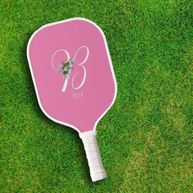 Raquette De Pickleball Lettre de fleur rose monogramme B (Créateur téléchargé)