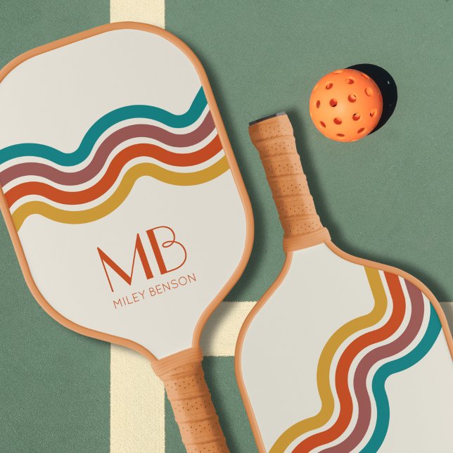 Raquette De Pickleball Lignes Vastes Rétro Joli Monogramme Esthétique Vin (Retro Wavy Rainbow Personalized Pickleball Paddle)
