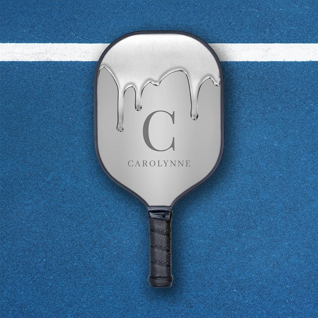 Raquette De Pickleball Liquide Chrome Drives Silver Metal Monogramme (Liquid Chrome Drips Silver Metal Monogram Pickleball Paddle)