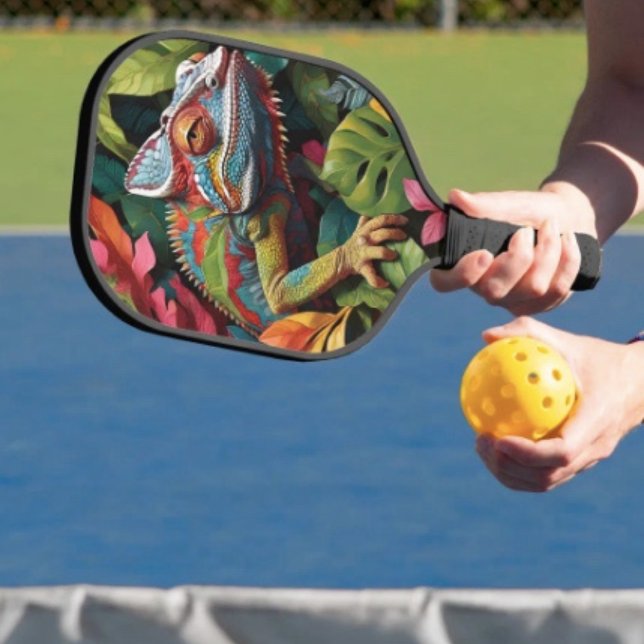 Raquette De Pickleball Lizard Leaves & Colour  (Colourful Lizard Tropical Jungle Art pickleball paddle hand wrapped grip honeycomb core. 8 oz weight)
