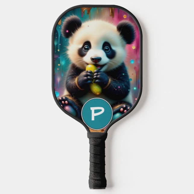 Raquette De Pickleball L'ours panda mange un cornichon Monogramme (Recto)