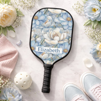 Raquette De Pickleball Magnolia et Pivoine Personnalisés Bleu Élégant