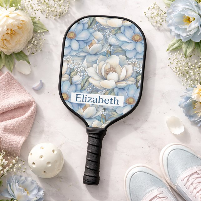 Raquette De Pickleball Magnolia et Pivoine Personnalisés Bleu Élégant (Créateur téléchargé)