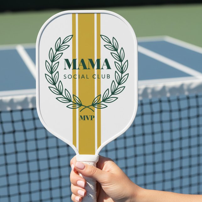 Raquette De Pickleball Mama Social Club Monogram Wreath Preppy Stripes (Monogrammed pickleball paddle for preppy sporty mom by Darling & May)