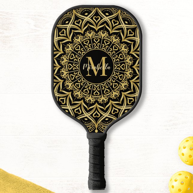 Raquette De Pickleball Mandala Monogrammé noir et or (Créateur téléchargé)