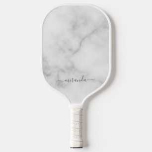 Raquette De Pickleball Marbre blanc de nom personnalisé de script moderne