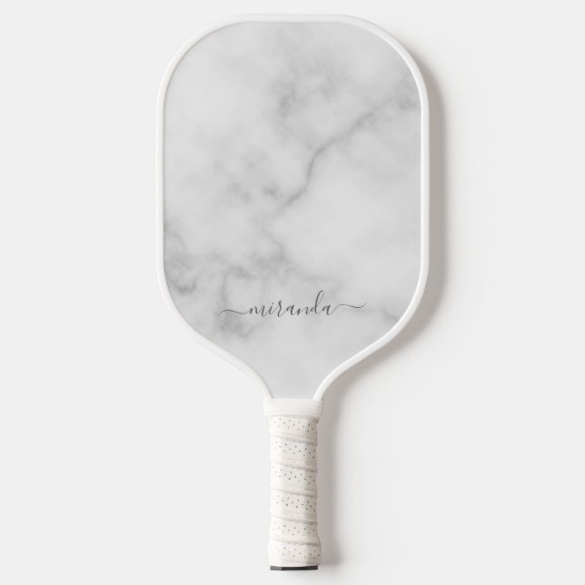 Raquette De Pickleball Marbre blanc de nom personnalisé de script moderne (Recto)