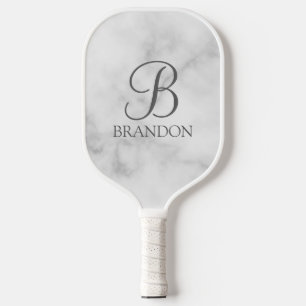 Raquette De Pickleball Marbre blanc de script personnalisé Monogramme et 