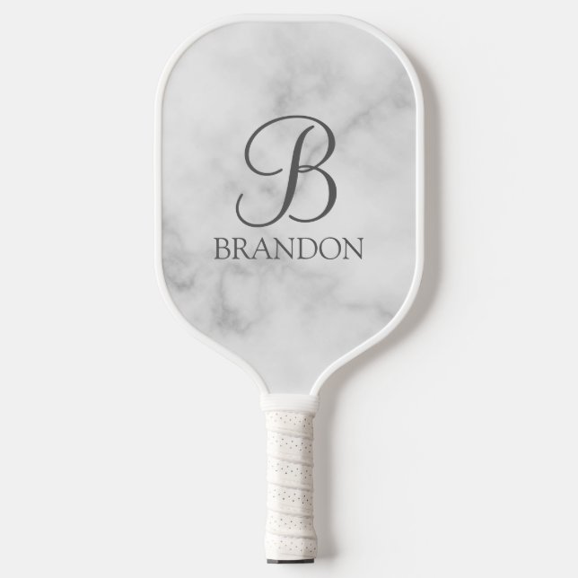 Raquette De Pickleball Marbre blanc de script personnalisé Monogramme et  (Recto)