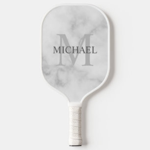 Raquette De Pickleball Marbre blanc Monogramme personnalisé et nom