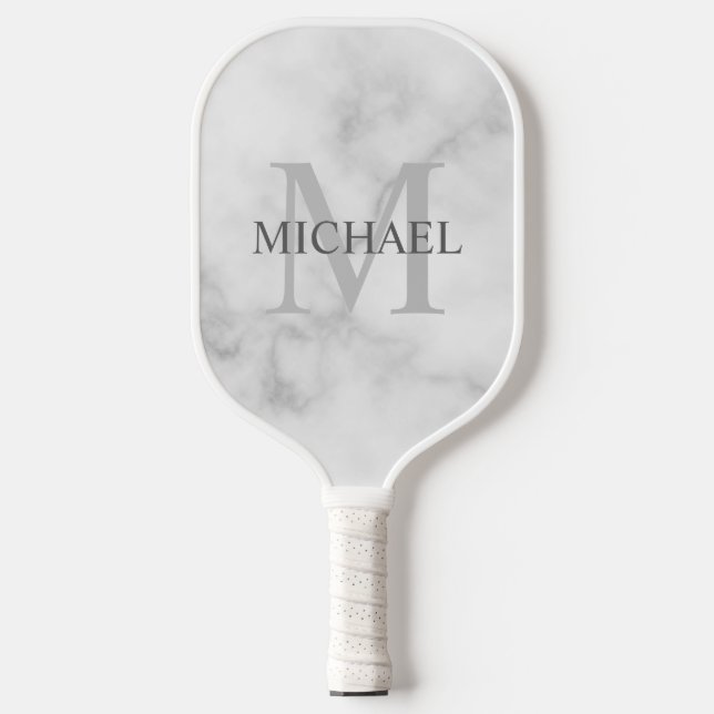 Raquette De Pickleball Marbre blanc Monogramme personnalisé et nom (Recto)
