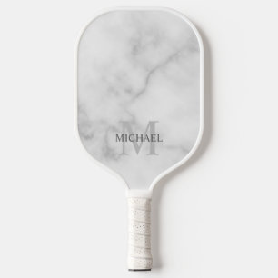Raquette De Pickleball Marbre blanc Monogramme personnalisé et nom