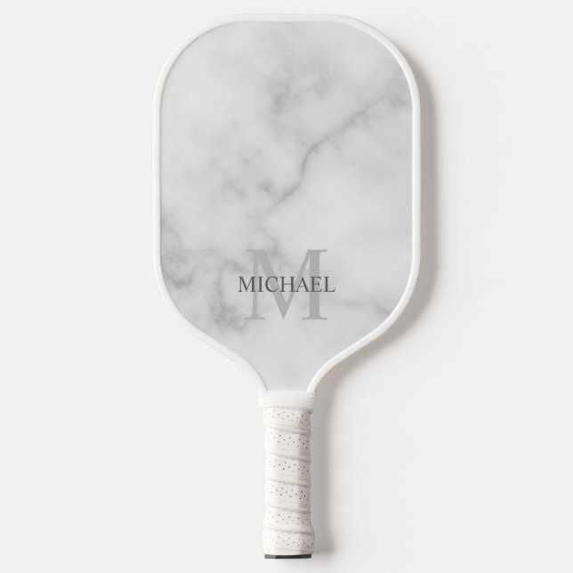 Raquette De Pickleball Marbre blanc Monogramme personnalisé et nom (Recto)