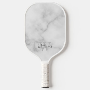 Raquette De Pickleball Marbre blanc Monogramme personnalisé et nom