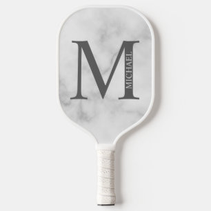 Raquette De Pickleball Marbre blanc Monogramme personnalisé et nom