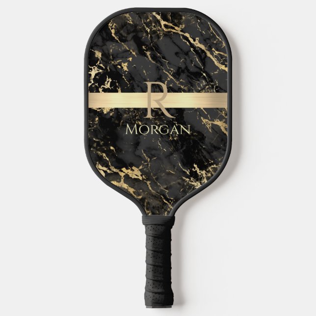 Raquette De Pickleball Marbre noir et or, Barre d'or, Nom et Monogramme (Recto)