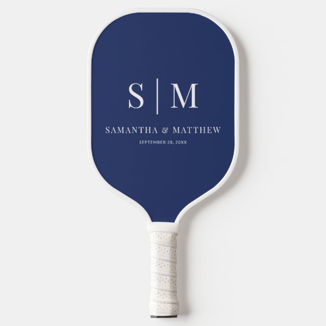 Raquette De Pickleball Mariage à Initiales de Couple Simple Bleu Marine (Recto)