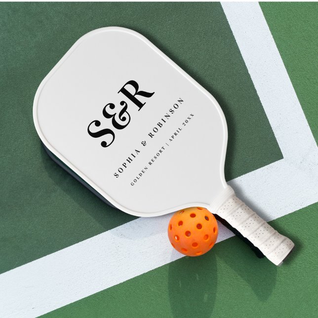 Raquette De Pickleball Mariage Monogramme Simple Noir Blanc (Créateur téléchargé)