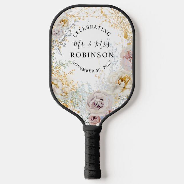 Raquette De Pickleball Mariage Personnalisé Fleur Or (Recto)