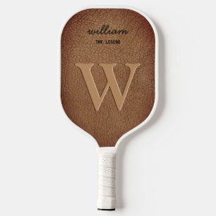 Raquette De Pickleball Marron Marque Monogrammé Cuir Script Nom Rustique