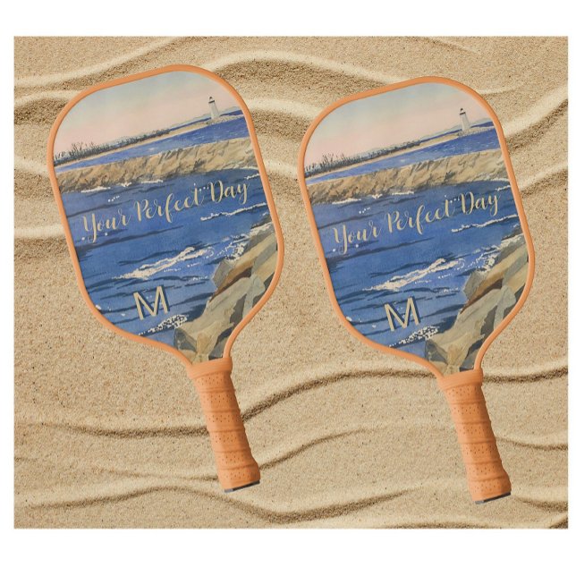 Raquette De Pickleball Message Monogramme de phare marin peint à la main (Personalize Message & Monogram)