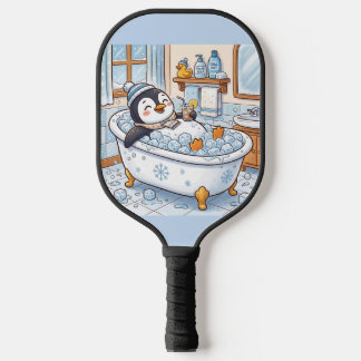 Raquette De Pickleball Mignon dessin animé de manchot heureux prenant un