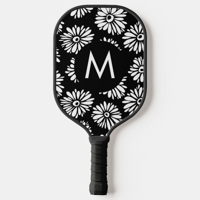 Raquette De Pickleball Minimalist Groovy Black and White Daisy Monogram (Verso)