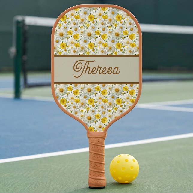Raquette De Pickleball Modèle de fleurs sauvages jaunes Monogramme Nom (Créateur téléchargé)