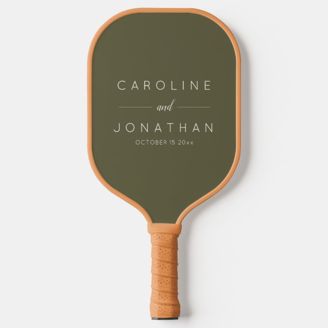 Raquette De Pickleball Modern Minimalist Custom Wedding Names Olive Moss (Recto)