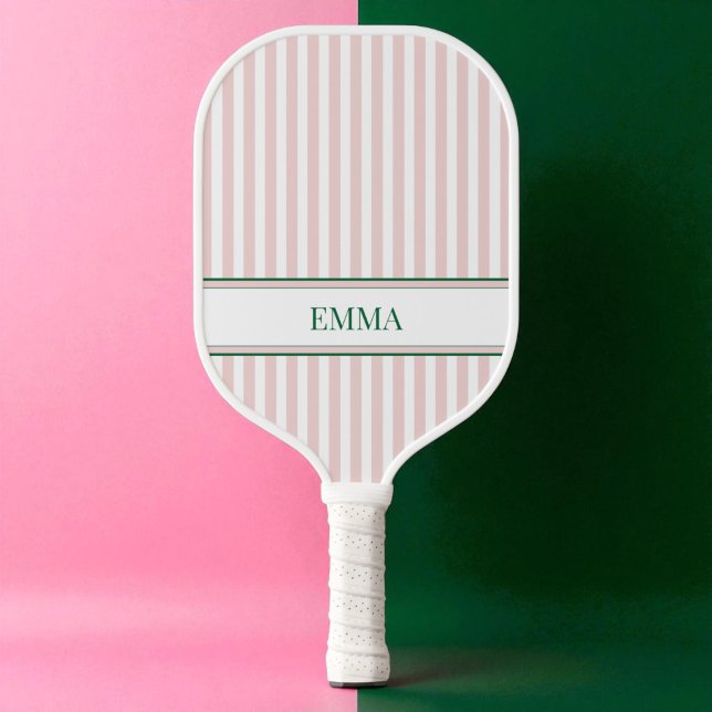 Raquette De Pickleball Modern Stripes Pink and Green Personalized Name (Modern Stripes Pink and Green Personalized Name Pickleball Paddle)