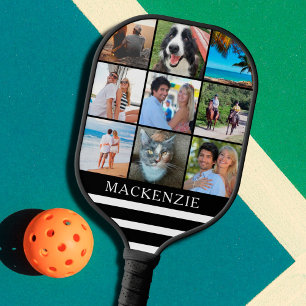 Raquette De Pickleball Moderne 9 Photo Collage Stripes Nom Couleur person
