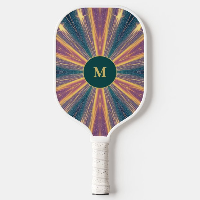 Raquette De Pickleball Moderne Lightning Bleu jaune violet Monogramme (Recto)